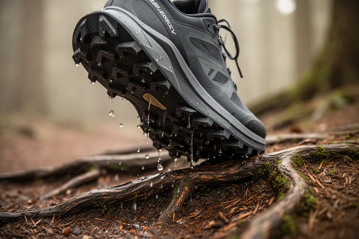 Close-up van de profzool van een trailschoen met grove noppen die grip houdt op natte boomwortels