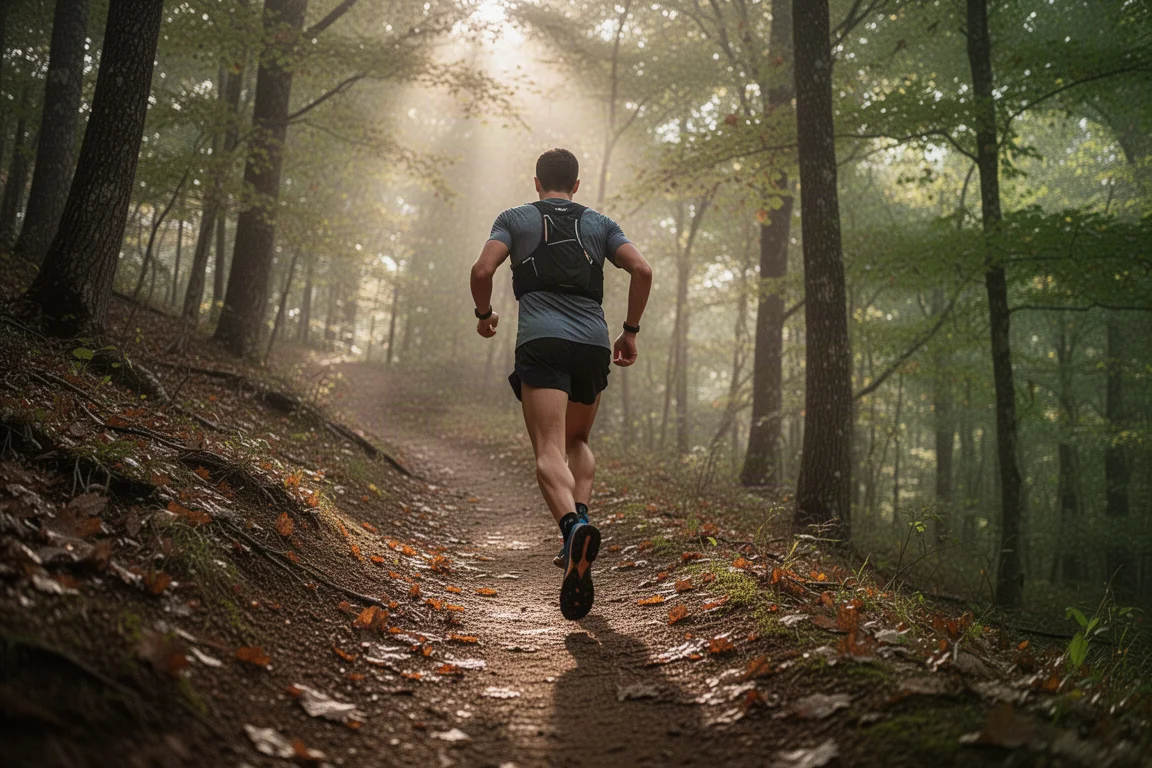 Trailrunner beklimt een heuvelachtig bospad in zacht avondlicht