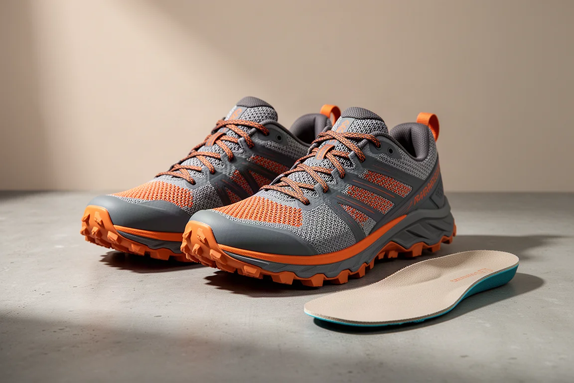 Paar gedämpfte Trailrunningschuhe mit Profilsohle auf Betonoberfläche