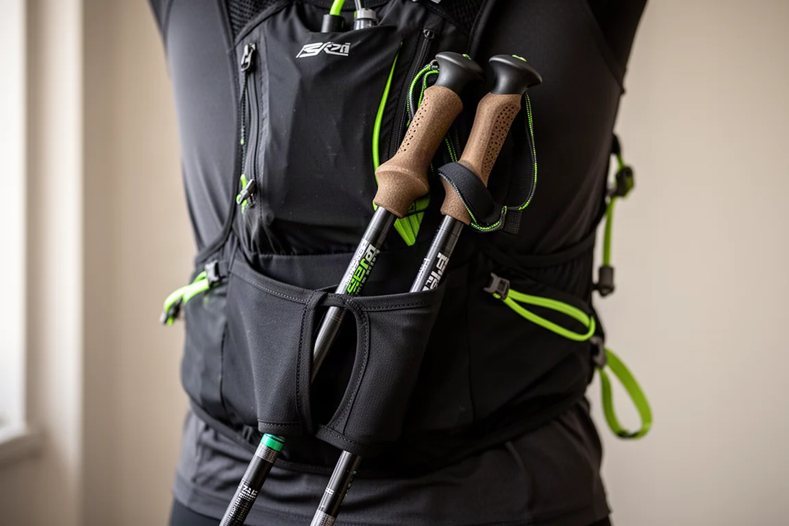 Bâtons de trail running attachés à l'arrière d'un gilet d'hydratation