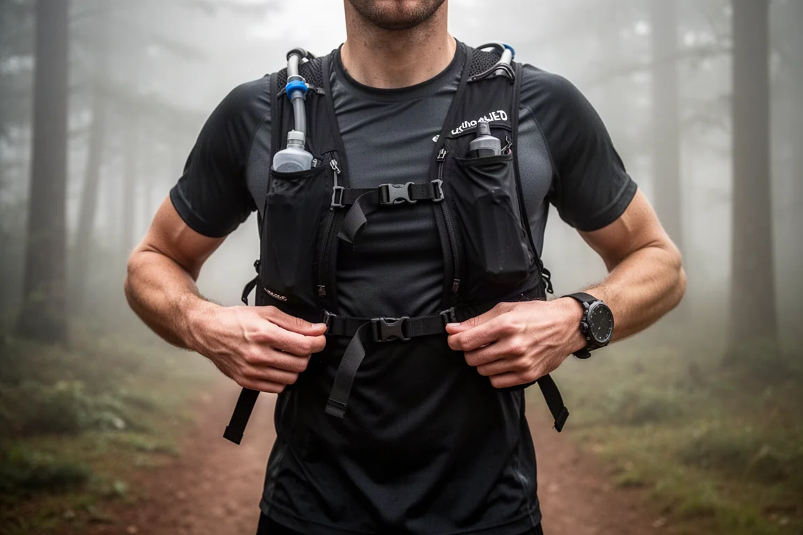 Coureur ajustant les sangles de son gilet avant le départ d'un ultramarathon