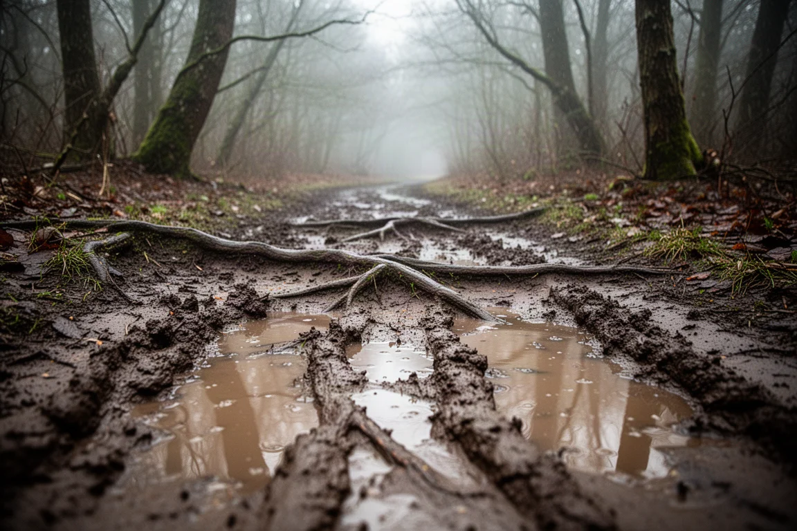 Trilha de bosque enlameada após chuva forte, com poças profundas e raízes