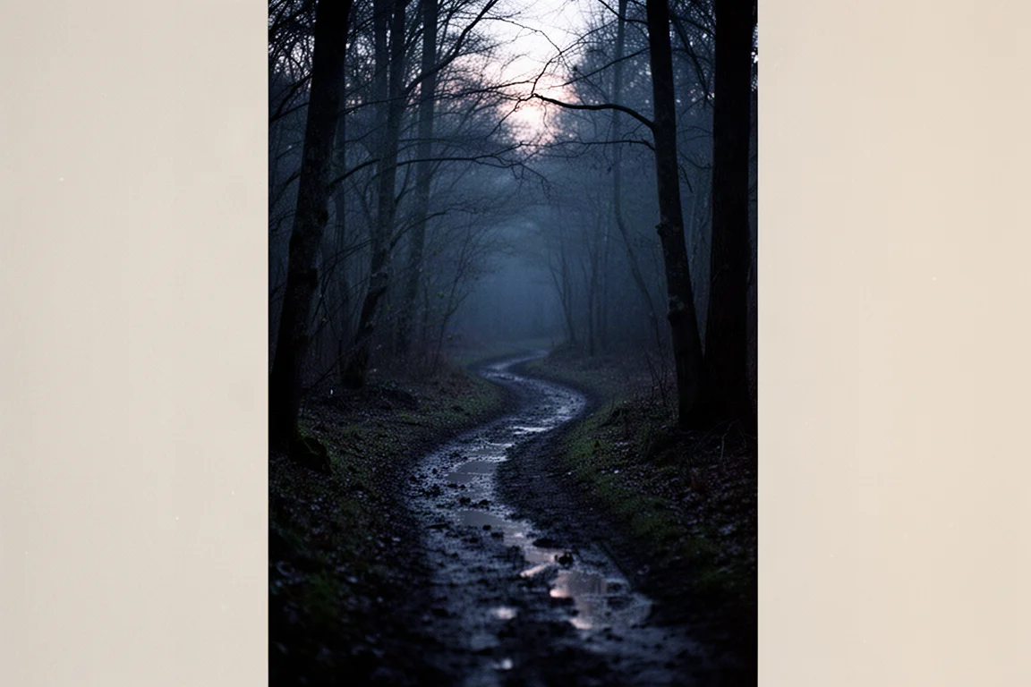 Trilha de bosque na luz crepuscular, com silhuetas escuras de árvores