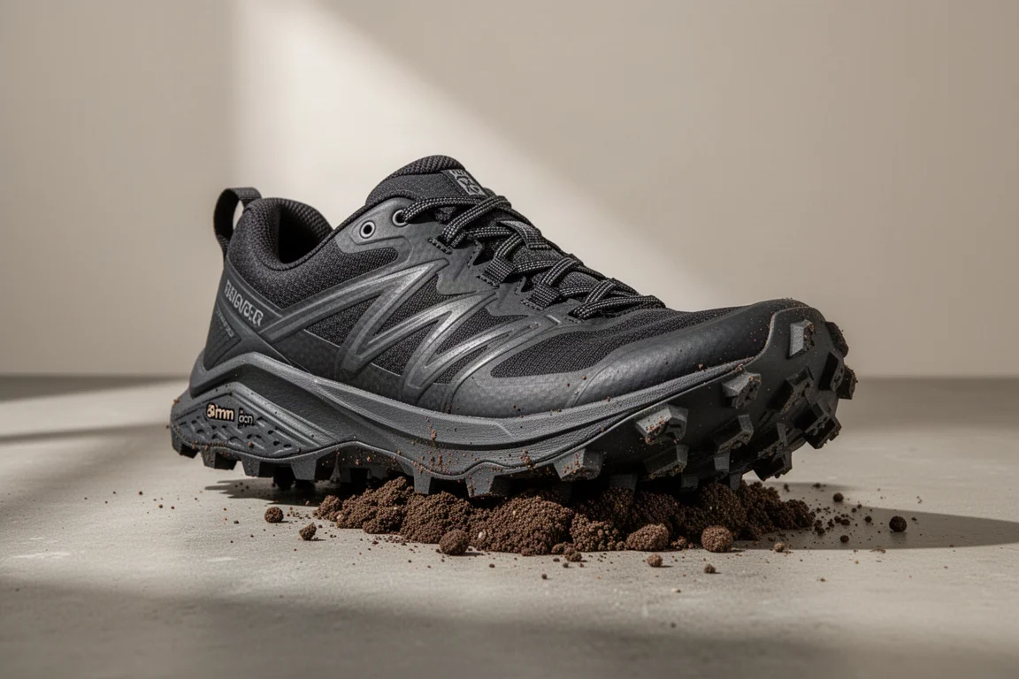 Trail running shoe with deep aggressive lugs on a concrete surface