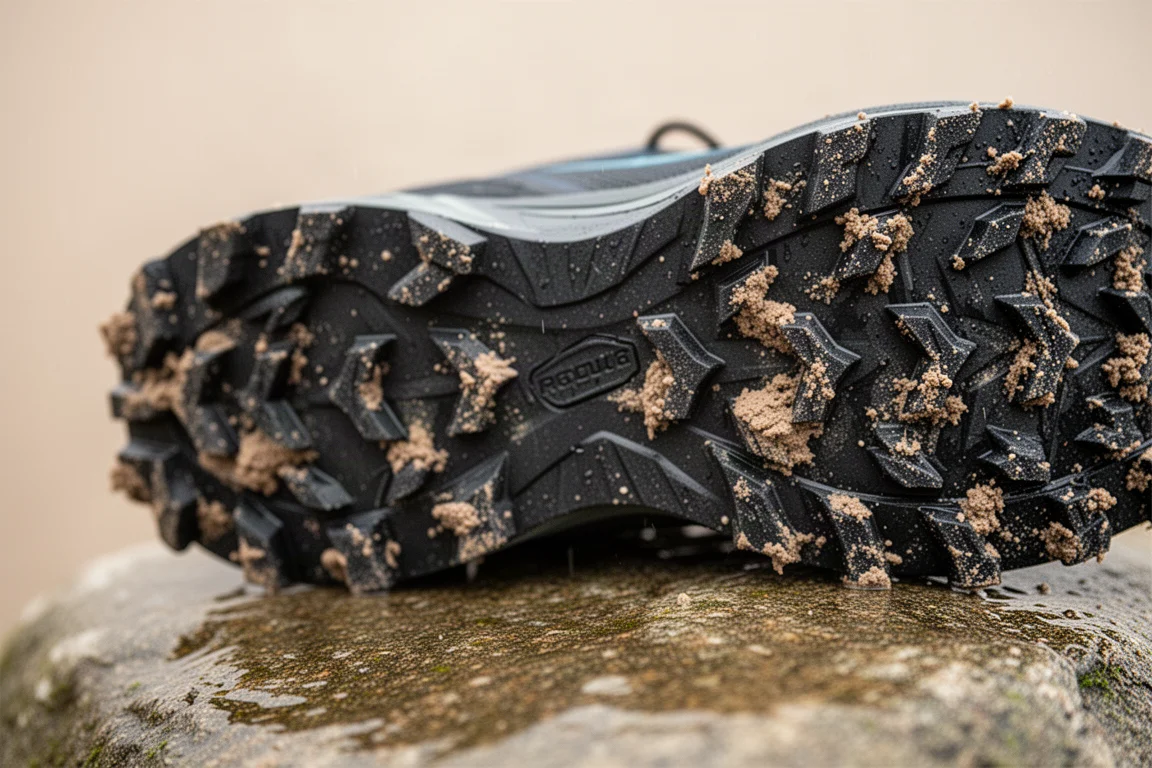 Primo piano della suola di una scarpa da trail tassellata, incrostata di fango