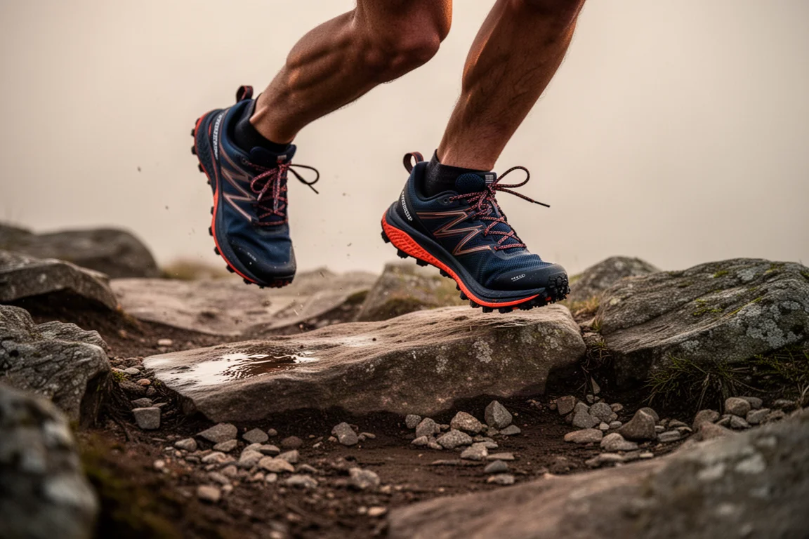 Piedi di un runner che attraversano un tratto roccioso di sentiero in condizioni di poca luce