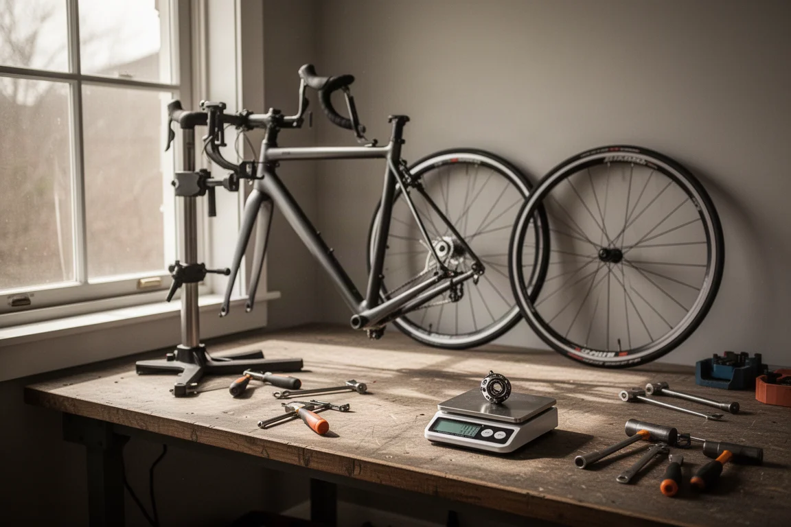 Home workshop bench with a bike in a repair stand, wheels against the wall and a scale