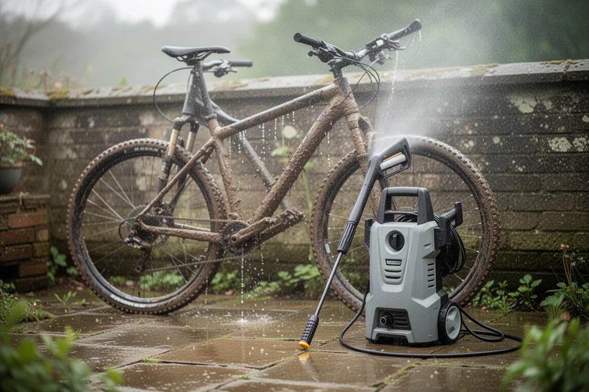 Muddy mountain bike beside a garden wall with a portable pressure washer on wet paving