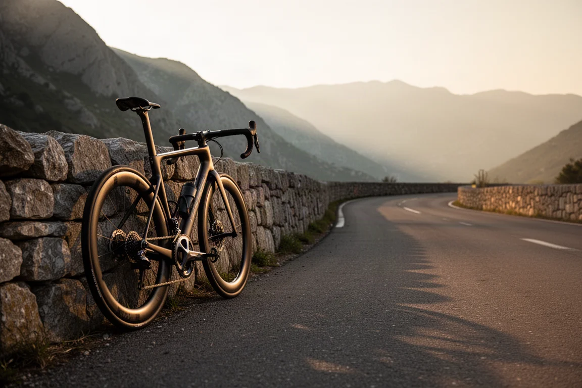 Road bike against a dry stone wall on a mountain pass in low golden light