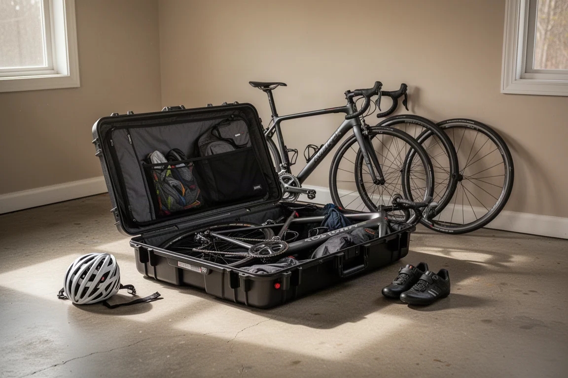 Open hard-shell bike travel case on a garage floor with a partly packed road bike