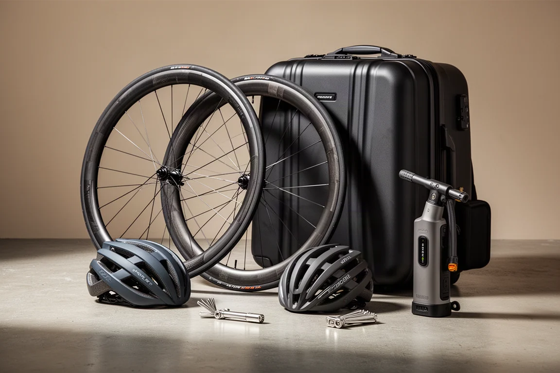 Premium cycling gear on concrete: carbon wheels, helmet, multi-tool, pressure washer and travel case