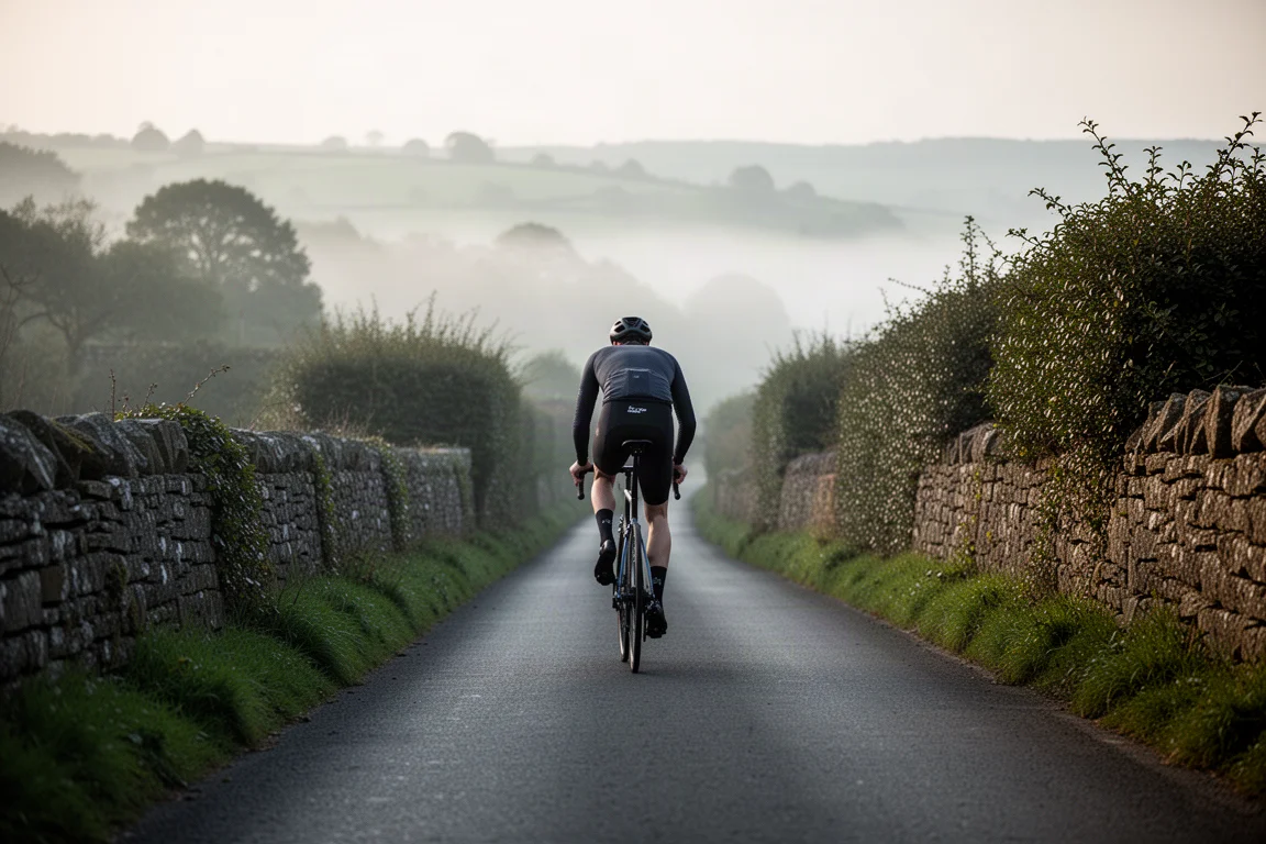Cyclist climbing a steep narrow lane out of the saddle in dawn mist