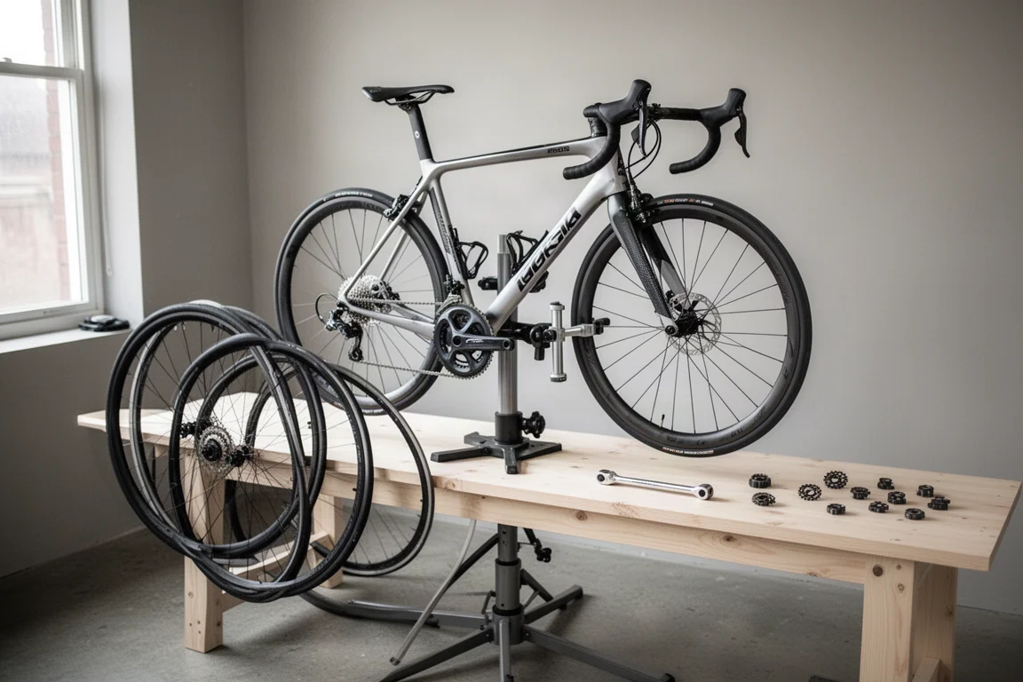 Race bike on a workshop stand with its wheels leaning against a bench