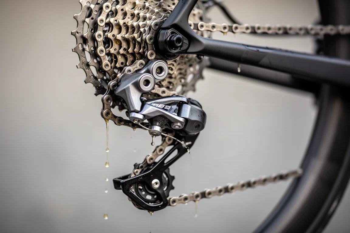Close-up of a rear derailleur, cassette and waxed chain on a race bike