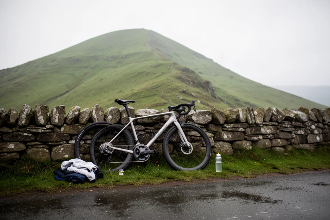 Race bike leaning against a dry stone wall at the foot of a steep hill