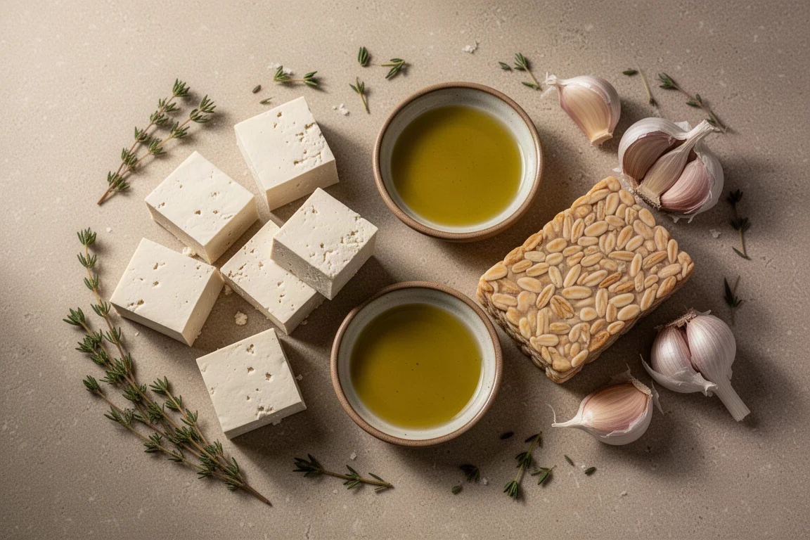 Unverarbeitete Sojaprodukte, Olivenöl und Knoblauch auf neutraler Unterlage angerichtet