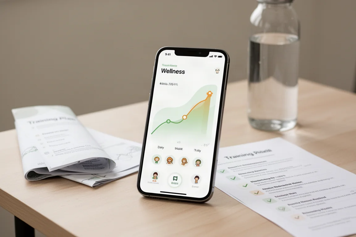 Smartphone zeigt ein steigendes Diagramm der täglichen Wellness-Gewohnheiten als Punktwert