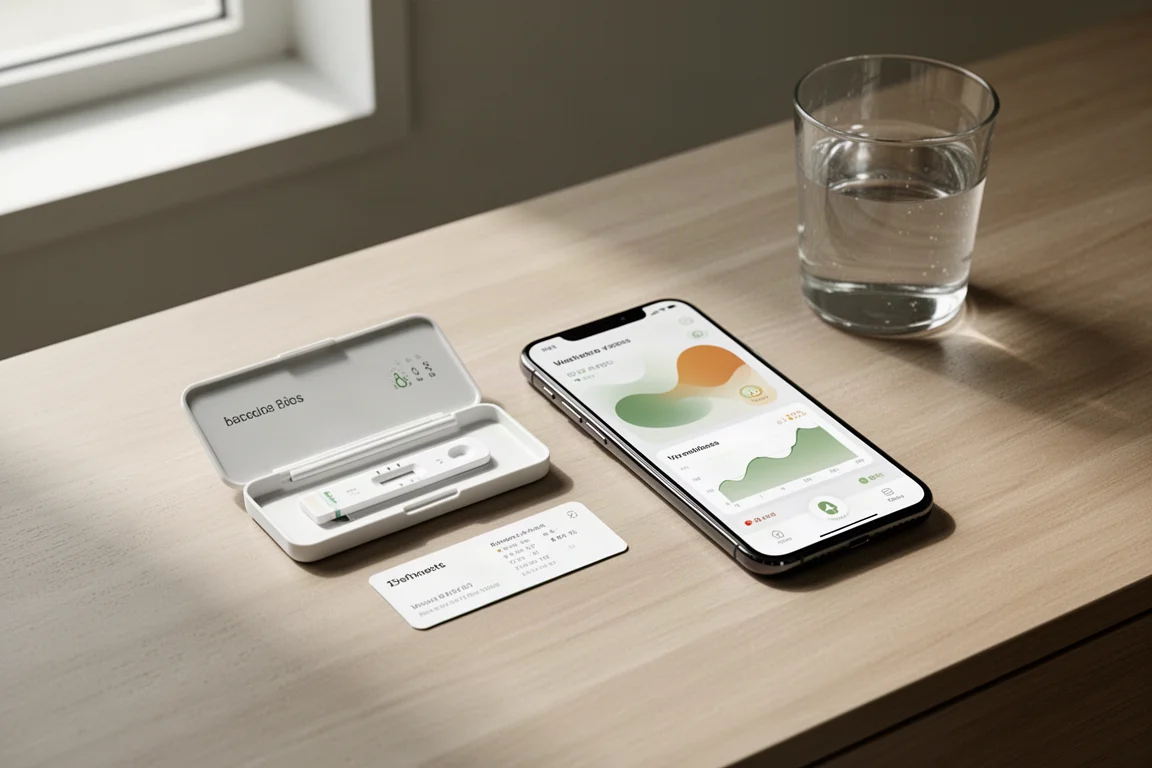 Blood test kit, smartphone with wellness dashboard and glass of water on a wooden desk