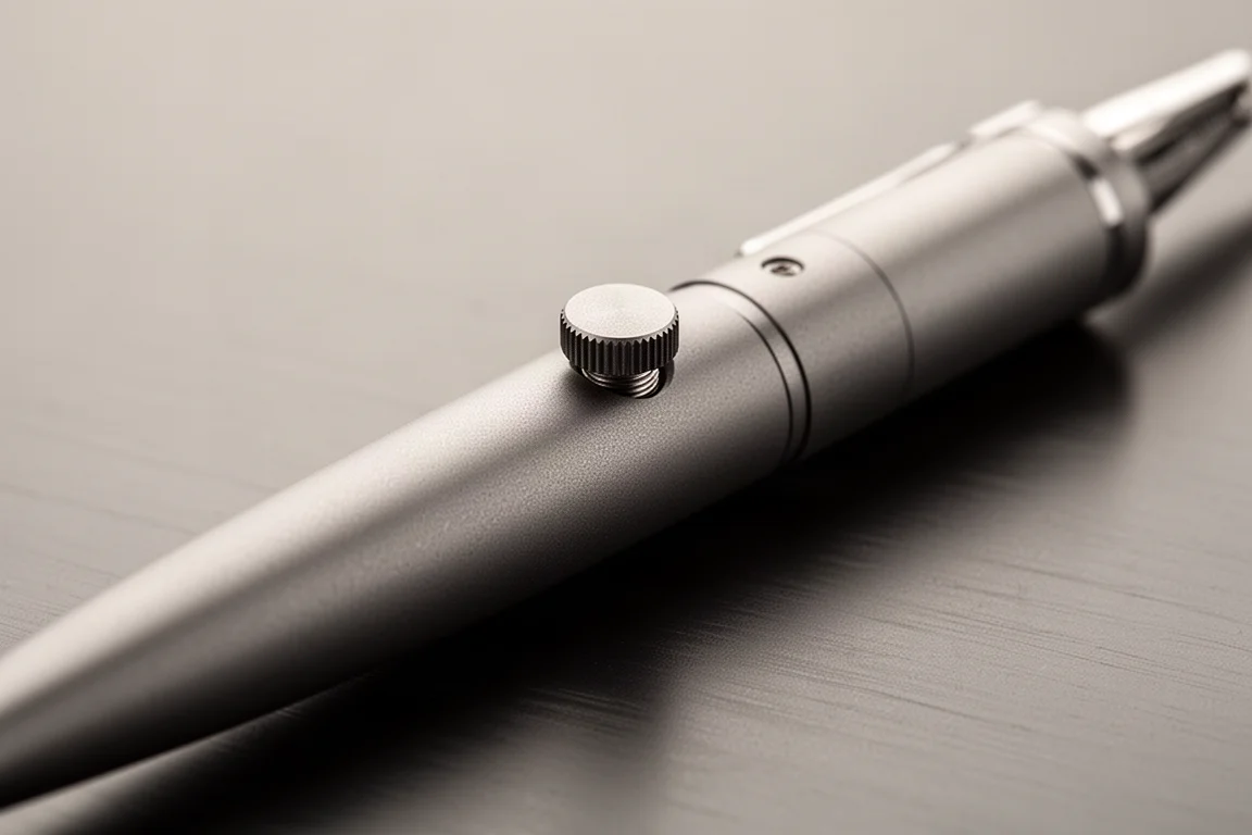 Corps de stylo plume en titane mat avec un bouton cannelé style pompe, incliné sur un bureau sombre