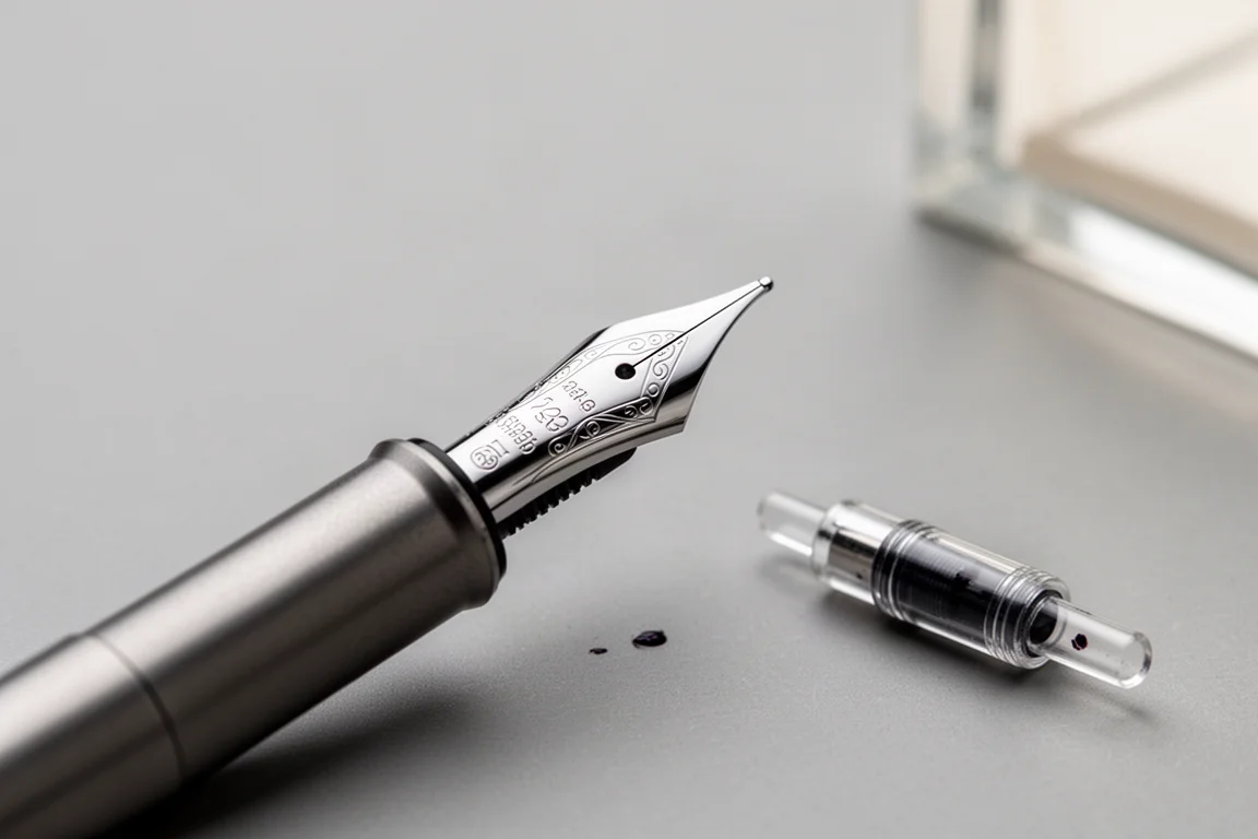 Plume fine en acier inoxydable sortie de la pointe d'un stylo en titane, légèrement humide d'encre