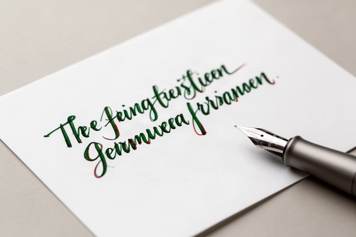 Échantillon d'écriture au stylo plume en encre verte saturée sur papier blanc