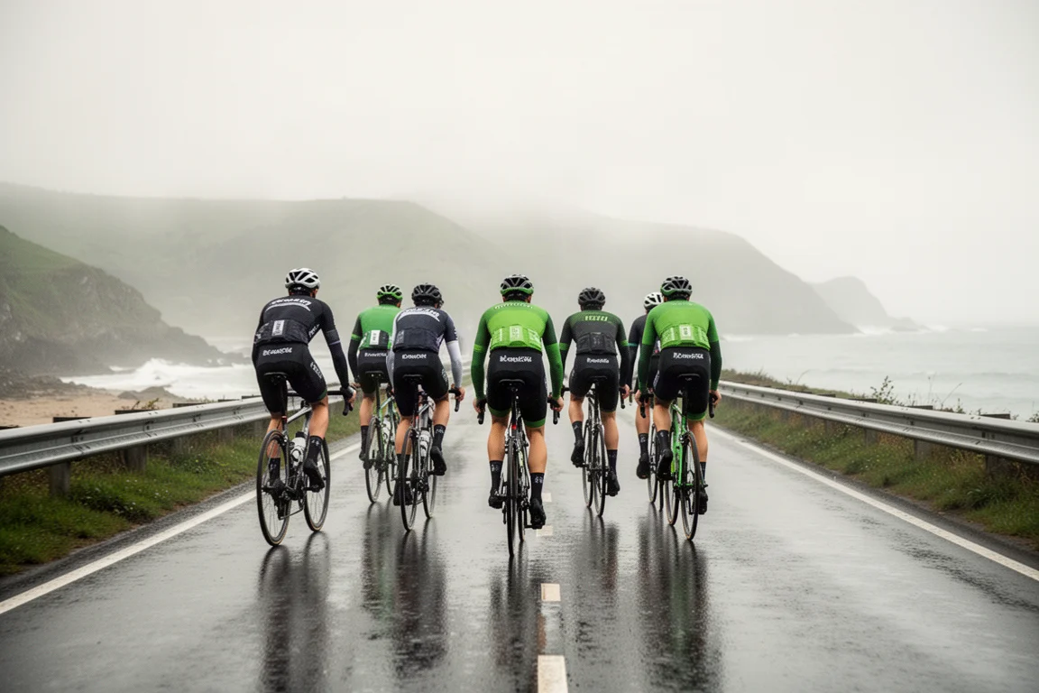 Gruppe von Radfahrern auf nasser Straße, während die Morgensonne durch den bewölkten Himmel bricht