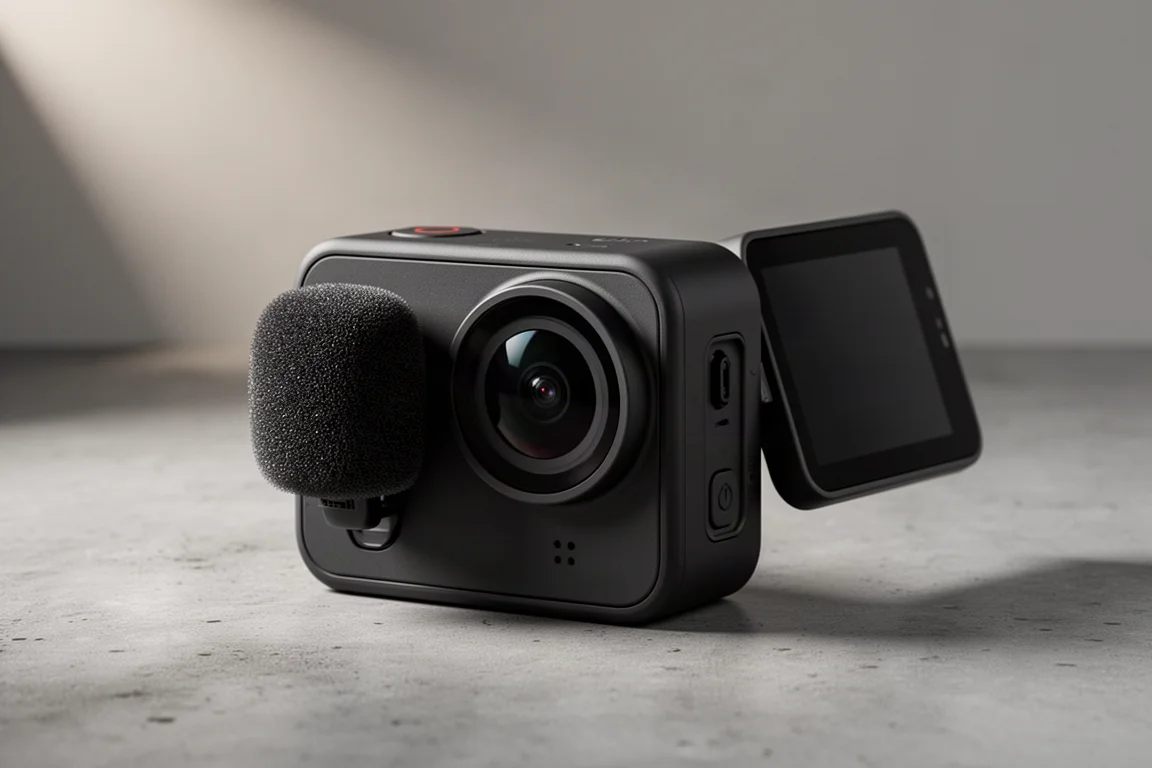 Compact black action camera with wind muffler and angled flip screen on concrete