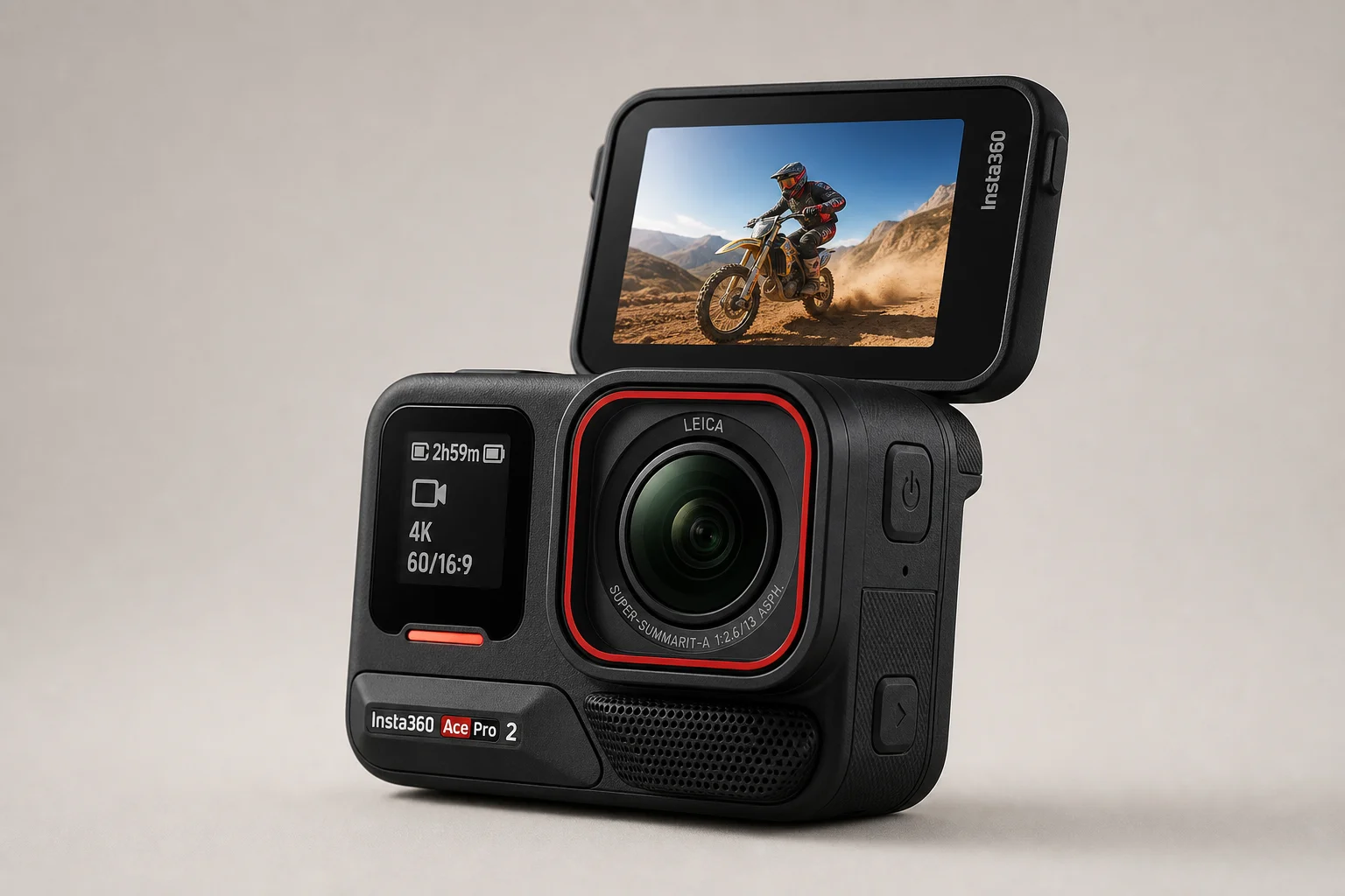 Four action cameras lined up on concrete: GoPro Hero 13, Insta360 X4, Insta360 Ace Pro 2, DJI Osmo Action 5