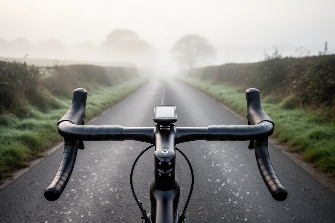 Vy från cyklistens perspektiv över ett kolfiberstyre på en dimmig landsväg i gryningen