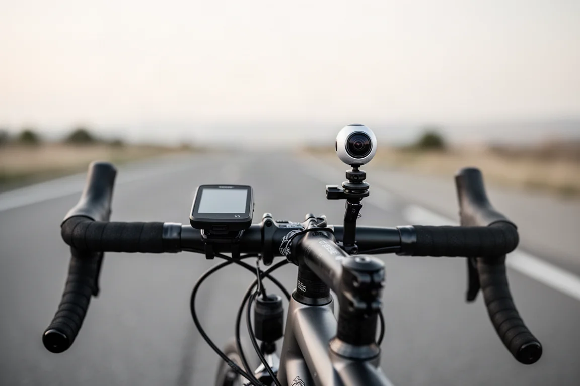 Compteur de vélo et caméra 360 montés à l'avant du cintre d'un vélo de route