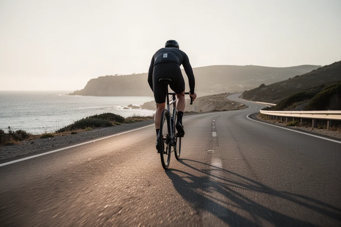 Cycliste roulant sur une route côtière sinueuse, vu de dos en contre-plongée