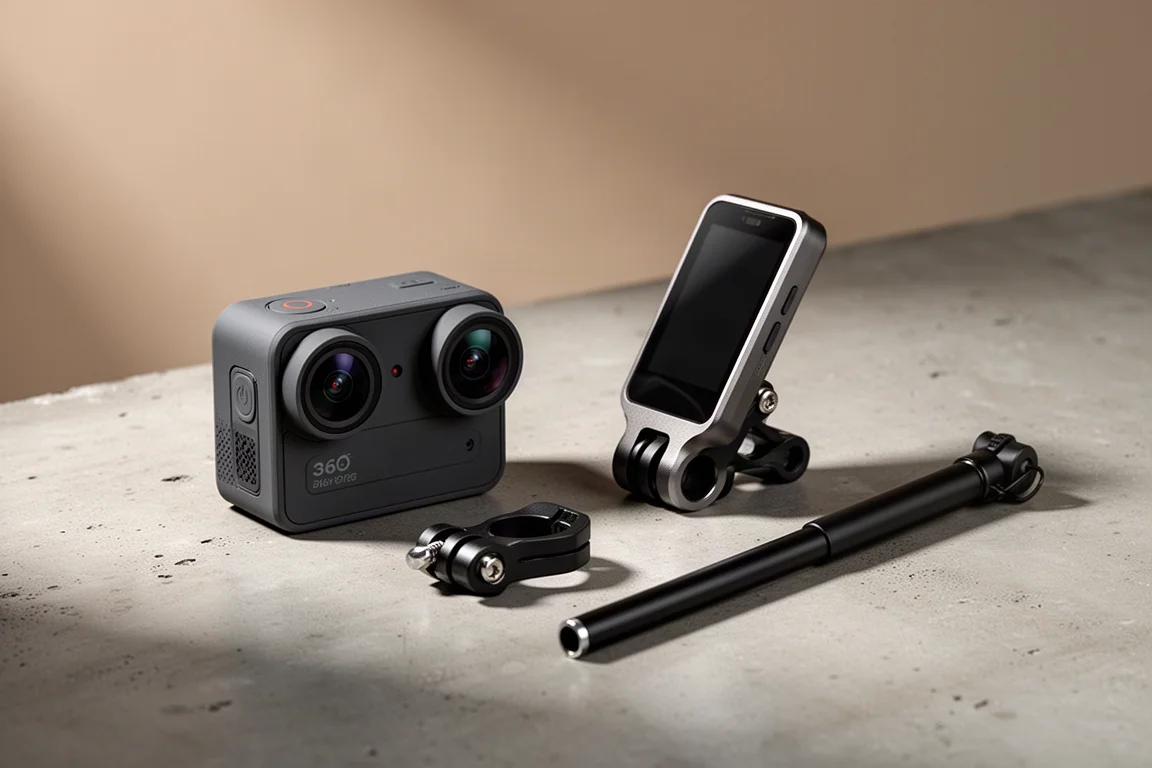 Insta360-camera, Bike Computer Mount en onderdelen van de tailkit uitgestald op beton
