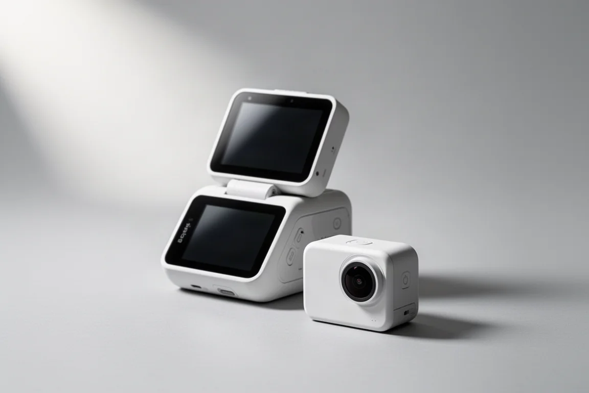 Thumb-sized action camera beside its compact flip-screen housing on a grey backdrop