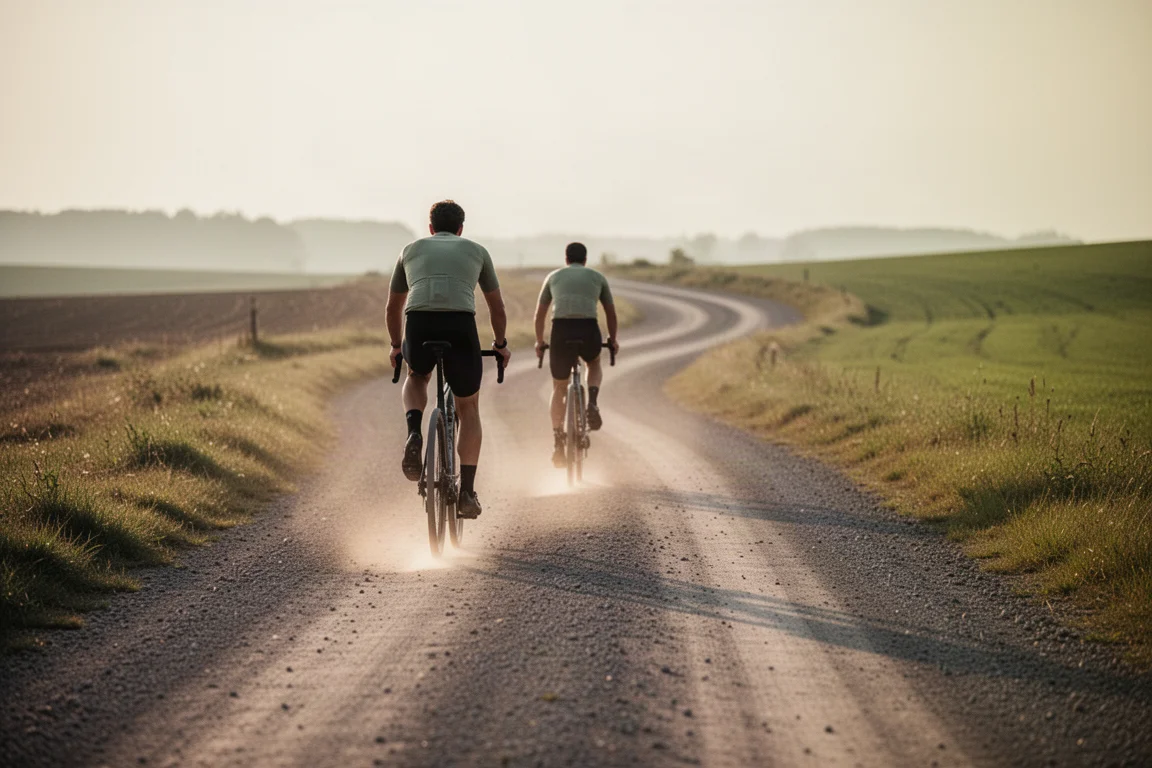 Cyclist riding a gravel road at golden hour, seen from behind