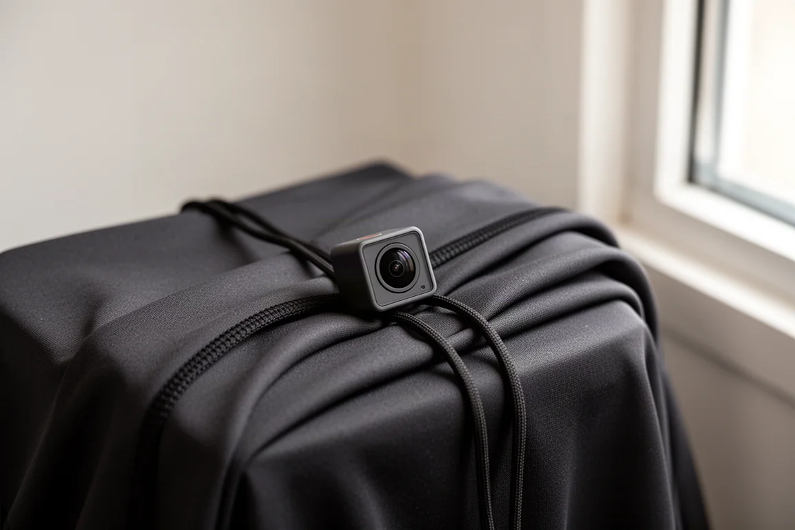 Small cube camera clipped flat against a dark technical jersey