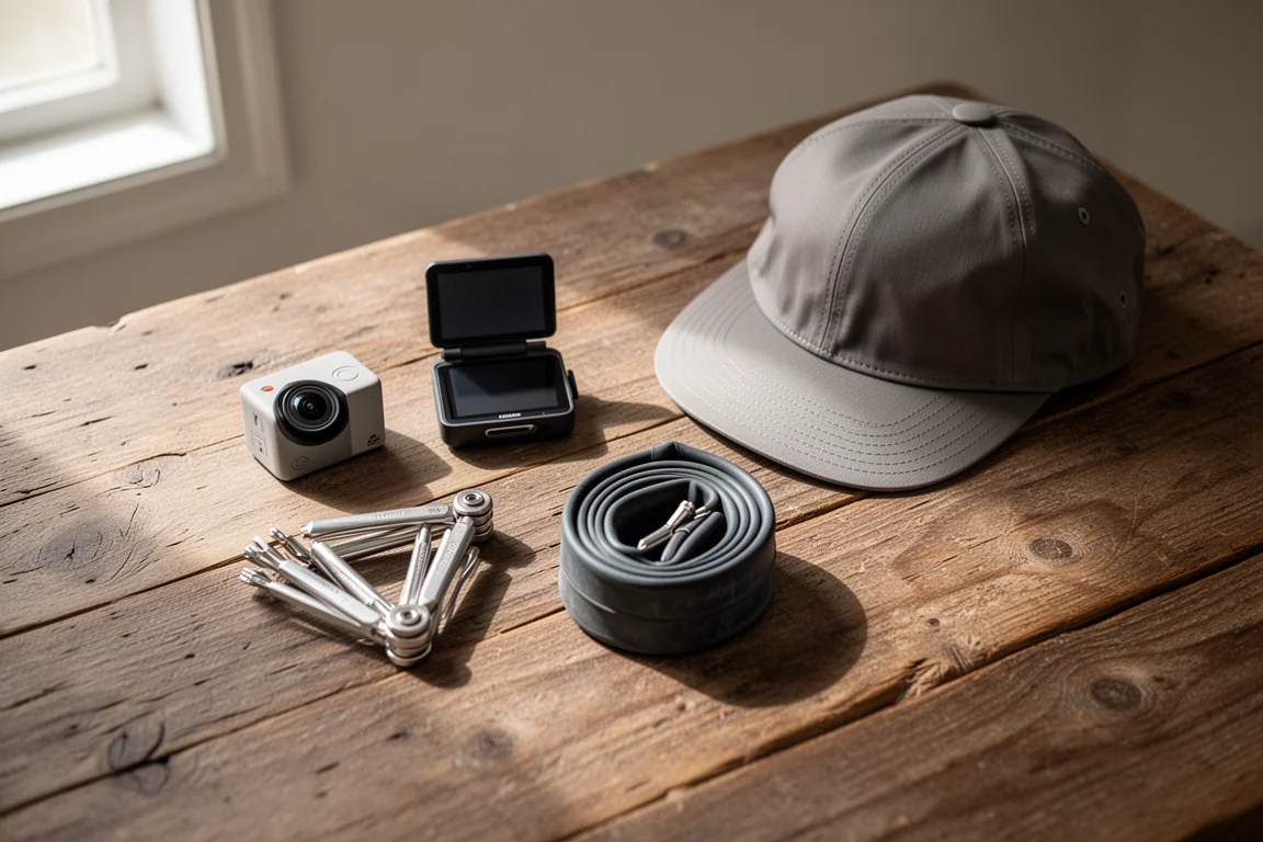 Overhead flat-lay of a tiny camera and cycling kit on a wooden table