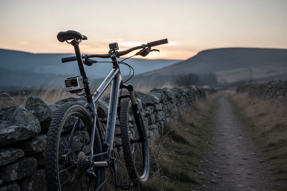 Mountain bike leaning against a stone wall at dusk with a tiny camera on the bar
