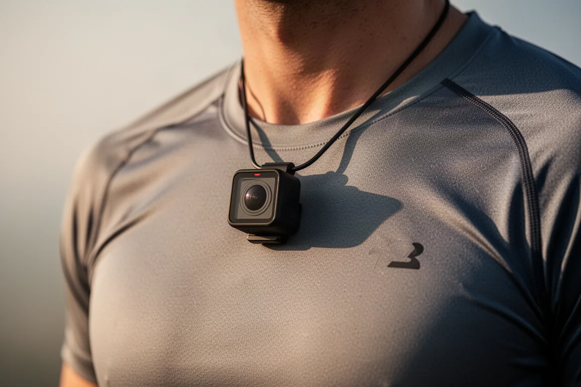 Tiny action camera clipped to a shirt collar with a magnetic necklace mount