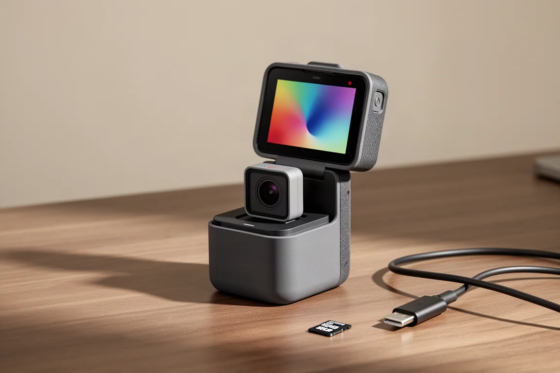 Compact action pod with flip screen connected to the tiny camera body
