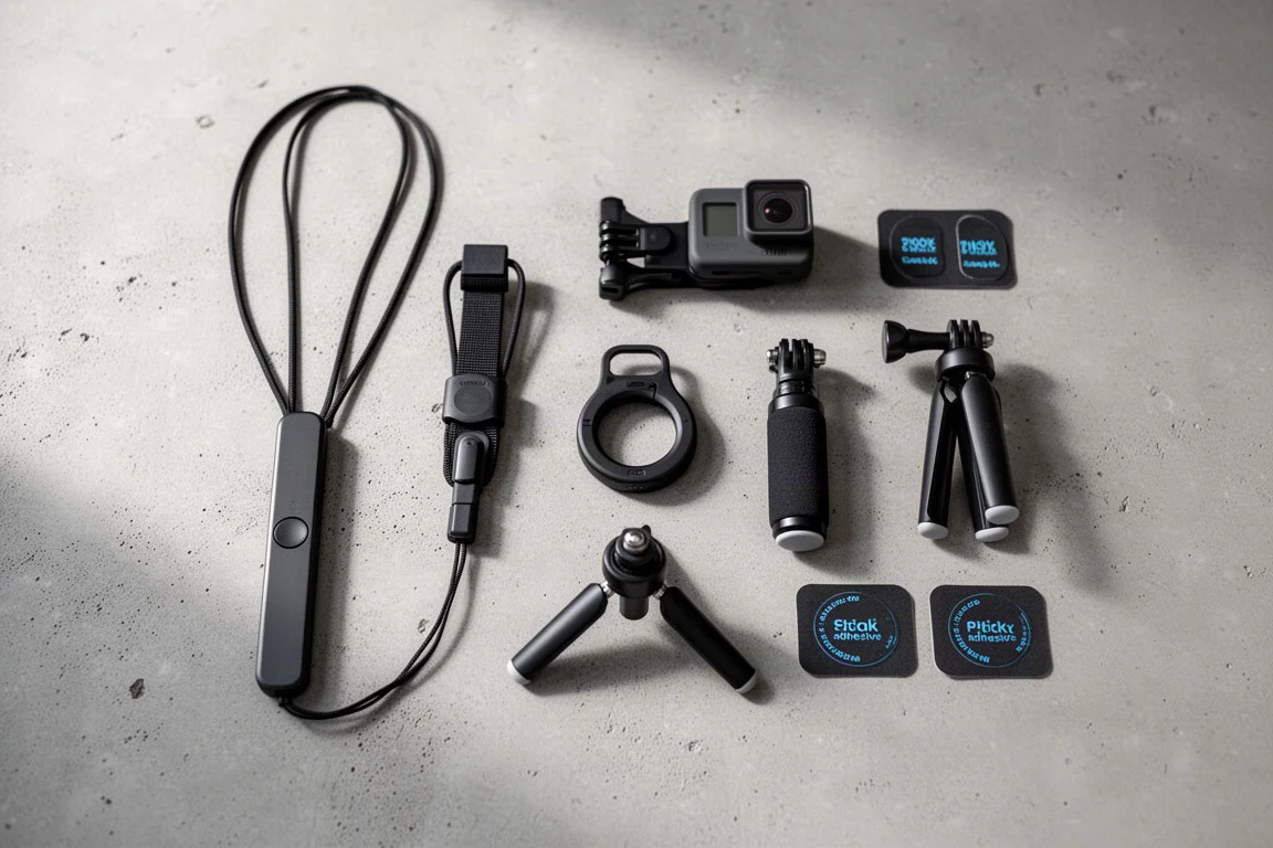 Flat lay of magnetic mounts, ring remote, tripod grip, and accessories on concrete