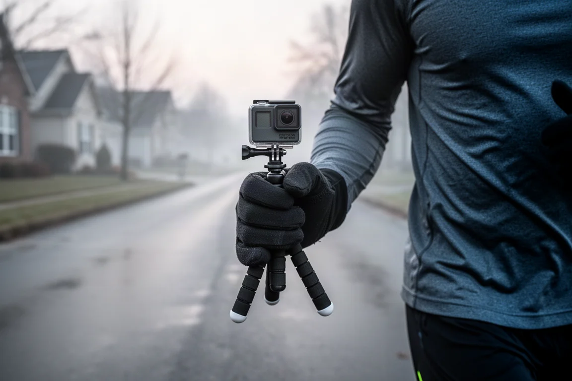 Runner filming with a small handheld tripod grip on a chilly morning road