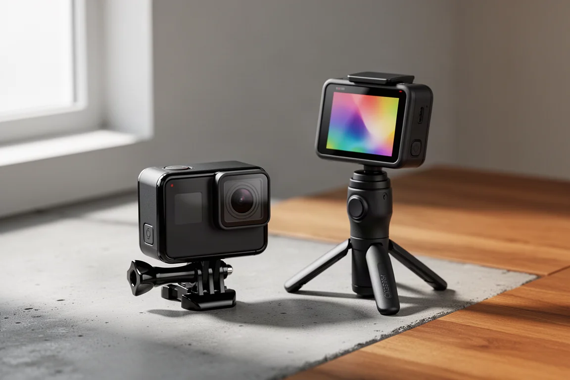 Kamera Insta360 Go Ultra, action pod z odchylanym ekranem i rękojeść statywu na betonowej powierzchni