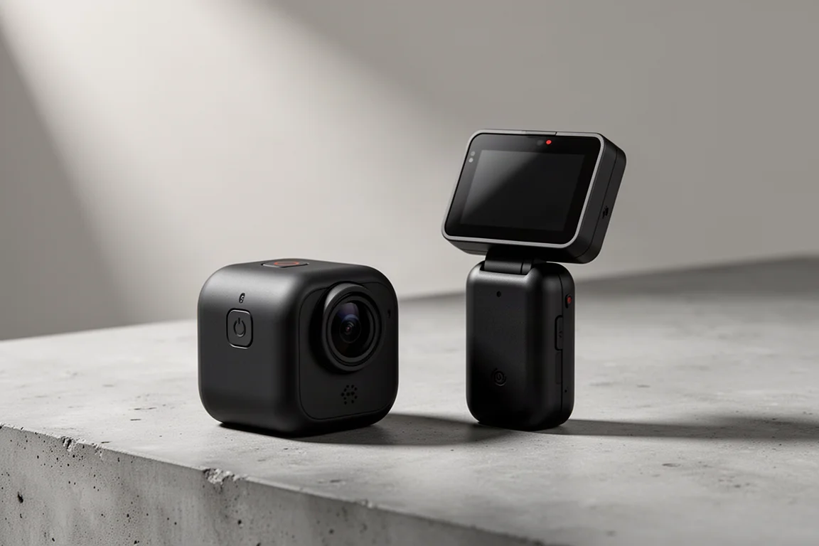 Pytteliten Insta360 Go Ultra actionkamera bredvid sitt laddningsfodral på en betongyta