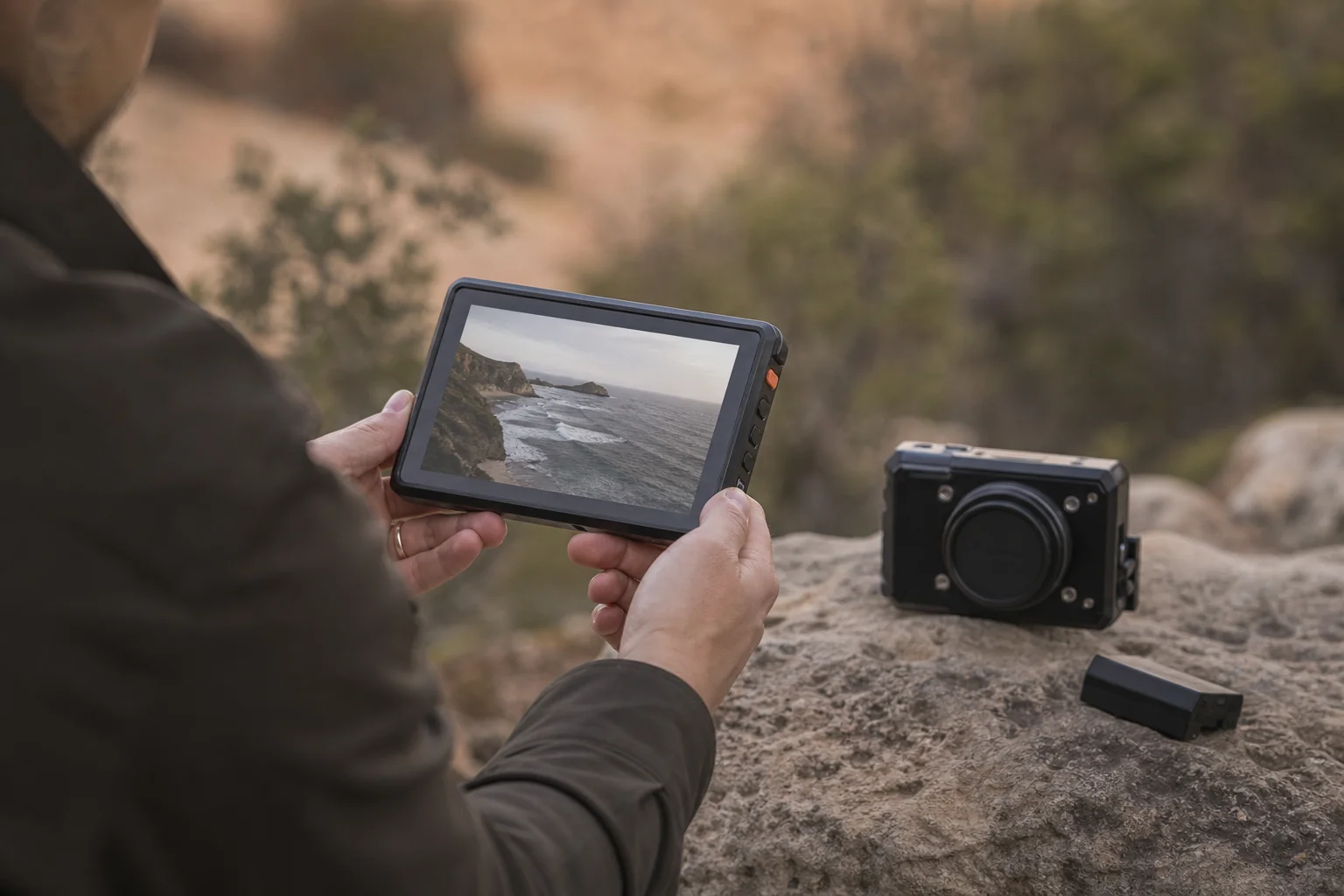 Content creator reviewing footage on detached screen in outdoor vlogging scenario