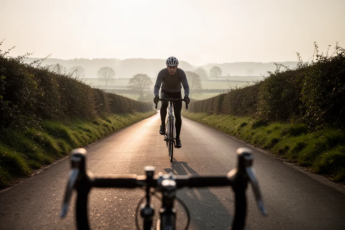 Cycliste roulant sur une petite route de campagne à l'heure dorée, vu à hauteur de guidon