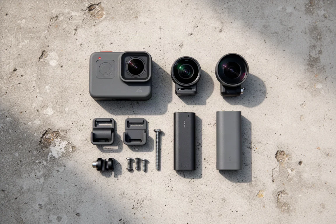 Vue à plat des pièces et fixations d'une action cam modulaire sur du béton
