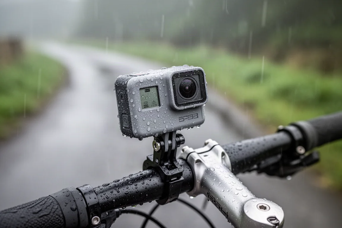 Action cam fixée à un guidon sous une pluie fine, avec des gouttes d'eau perlant dessus