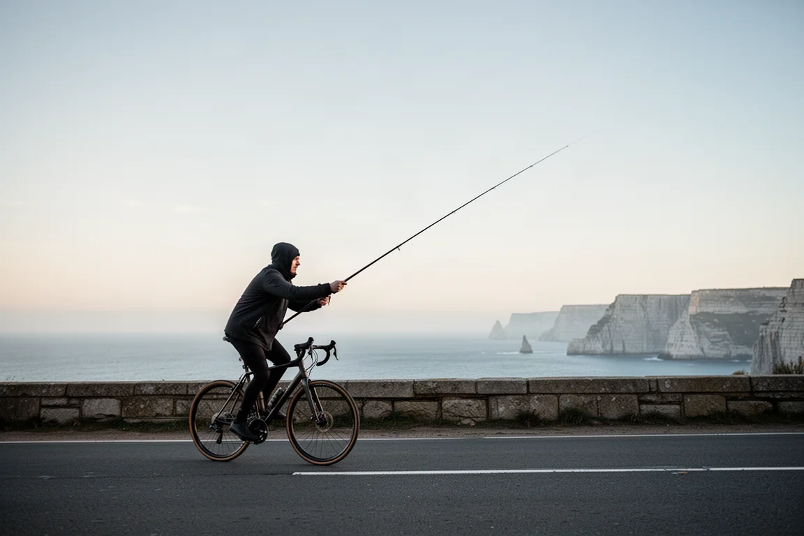 Cycliste tenant une longue perche tendue depuis le vélo sur une route côtière déserte