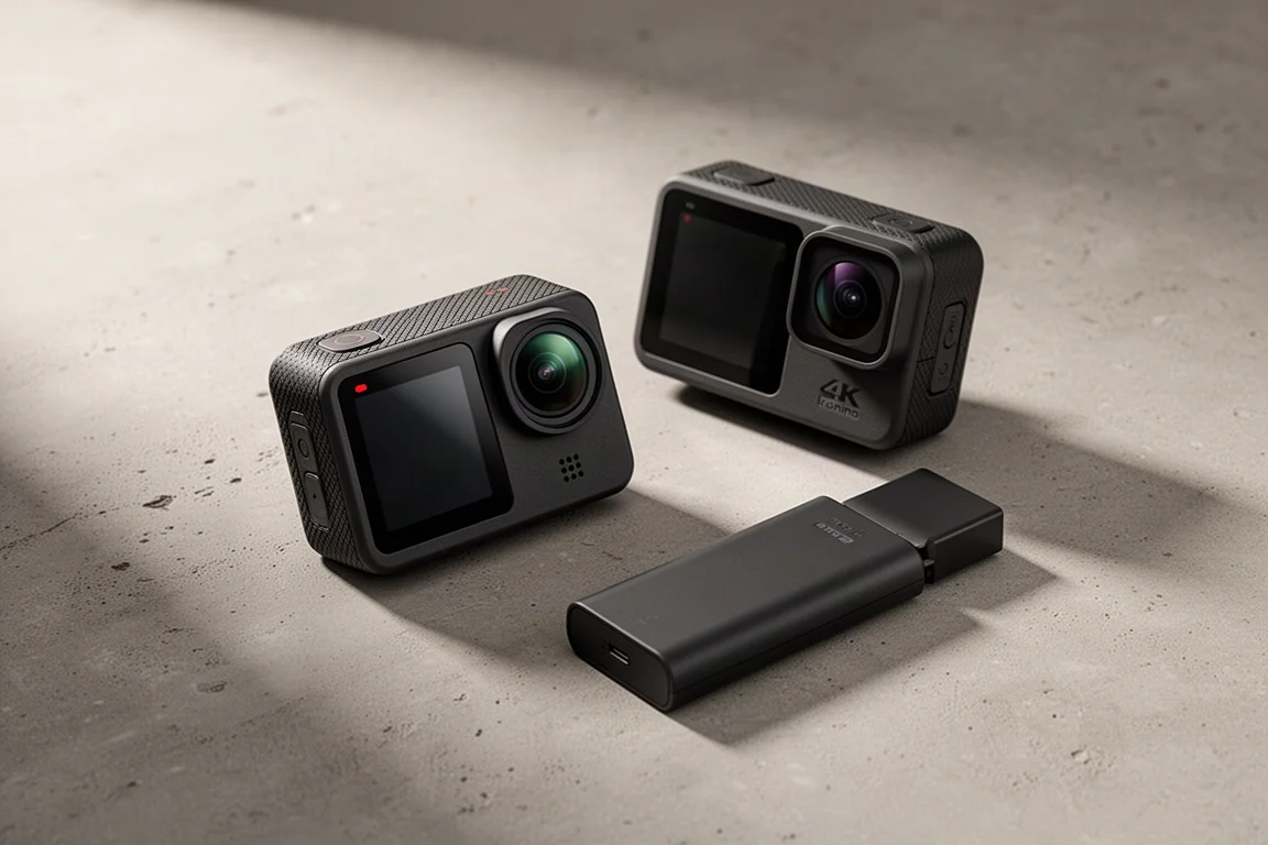 Modular action camera core, 4K lens module, and battery base on a concrete surface