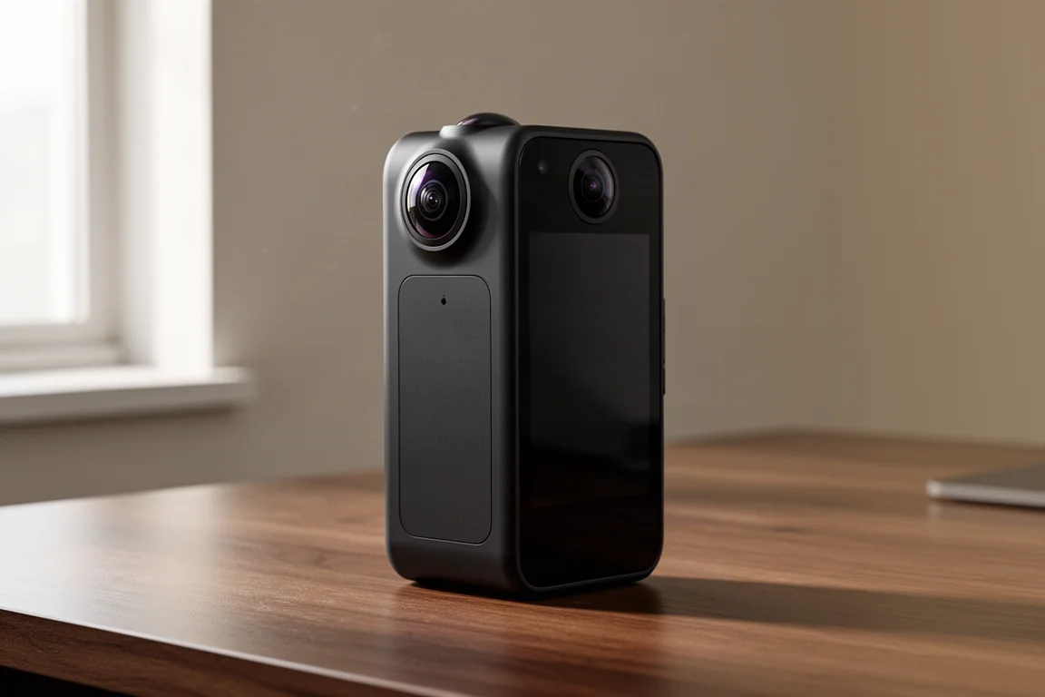 Insta360 One X3 360 camera with dual lenses and vertical touchscreen on a wood desk